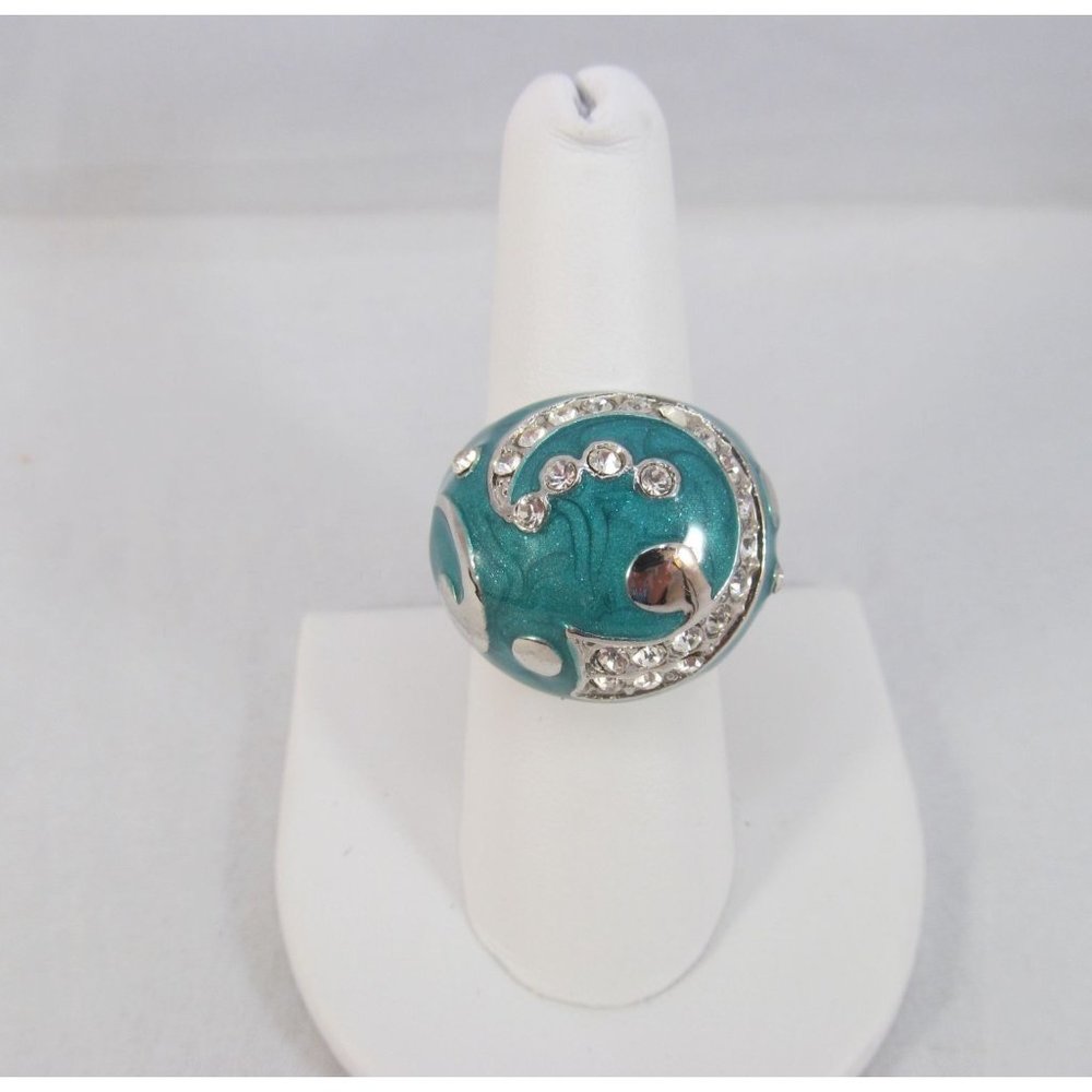 Turquoise Enamel Rhinestone Silvertone Dome Ring